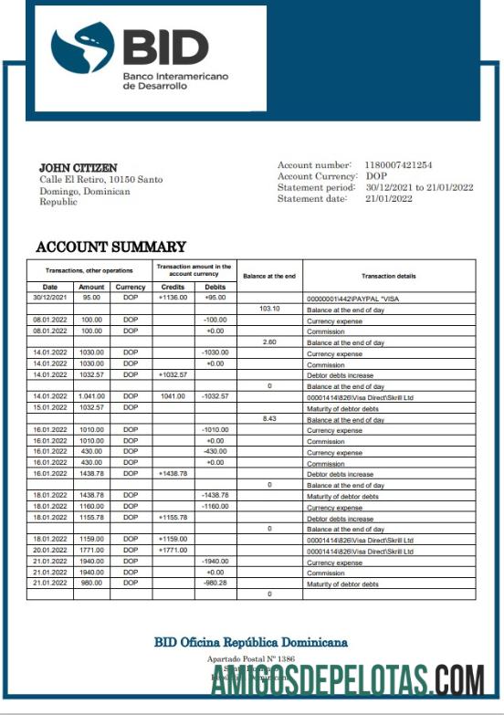 Modelo de extrato bancário de licitação da República Dominicana